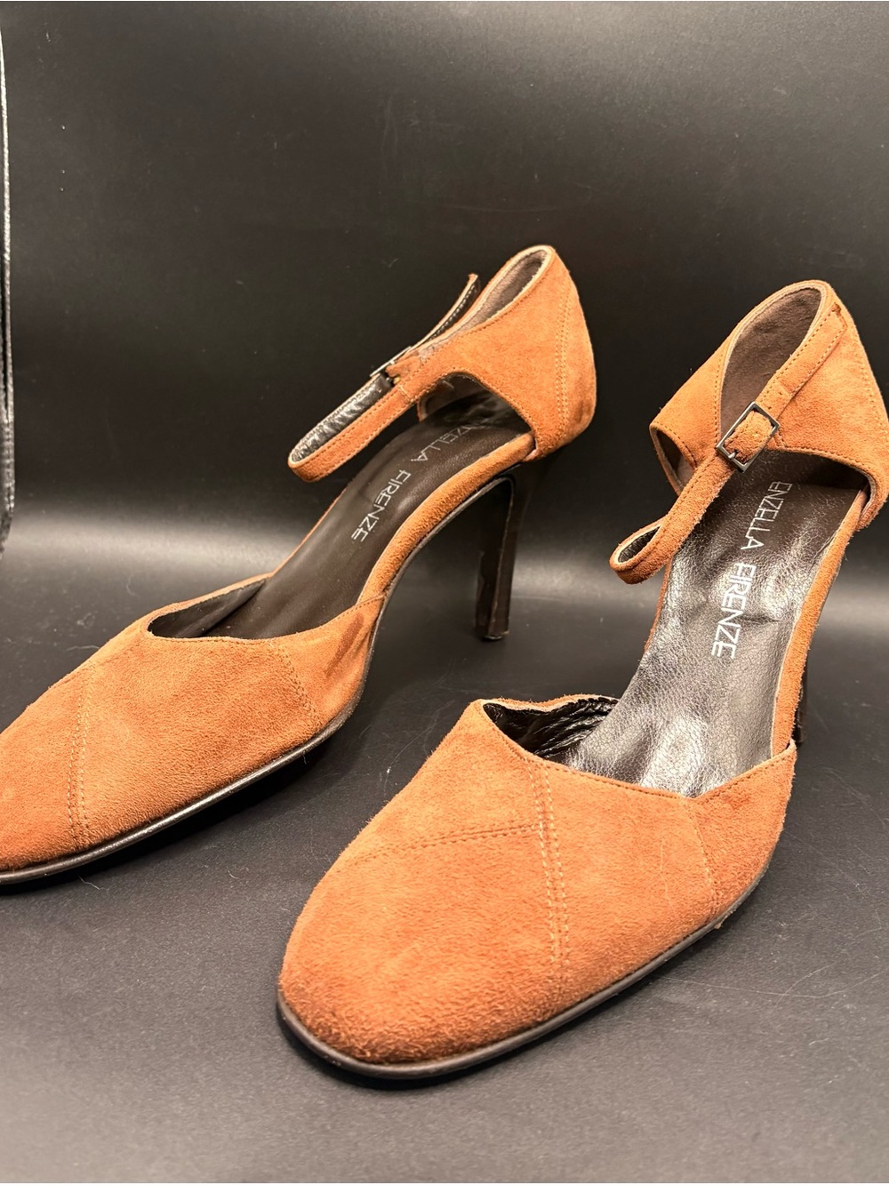Enzella Firenze Italian Suede Cognac T-Strap Heels 37.5